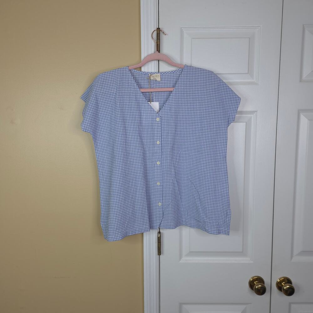 Mus & Bombon Short Sleeve Datoi Button Up Cropped Blouse in Blue Gingham Size S